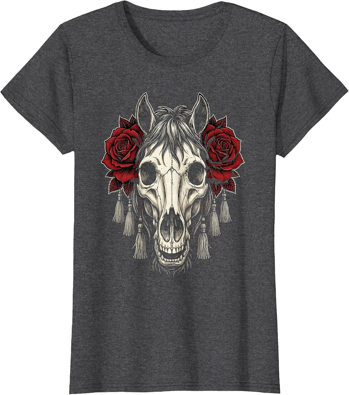 Women's Horse Skull Roses and Fringe Cowgirl Graphic T-Shirt - Dark Heather Grey