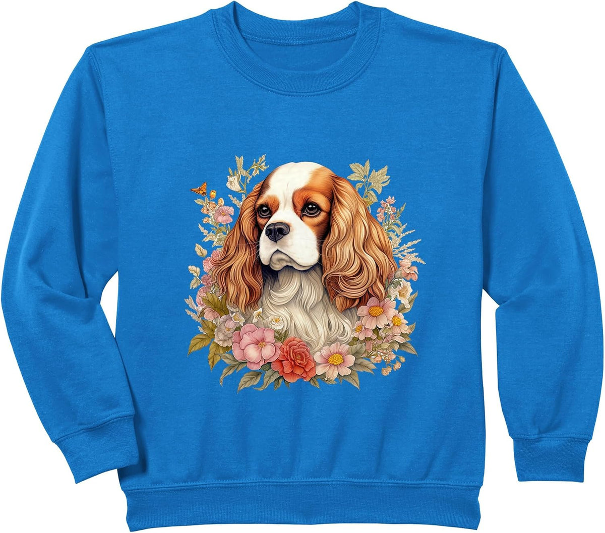 Cavalier King Charles Spaniel Dog with Flowers Floral Sweatshirt - Royal Blue