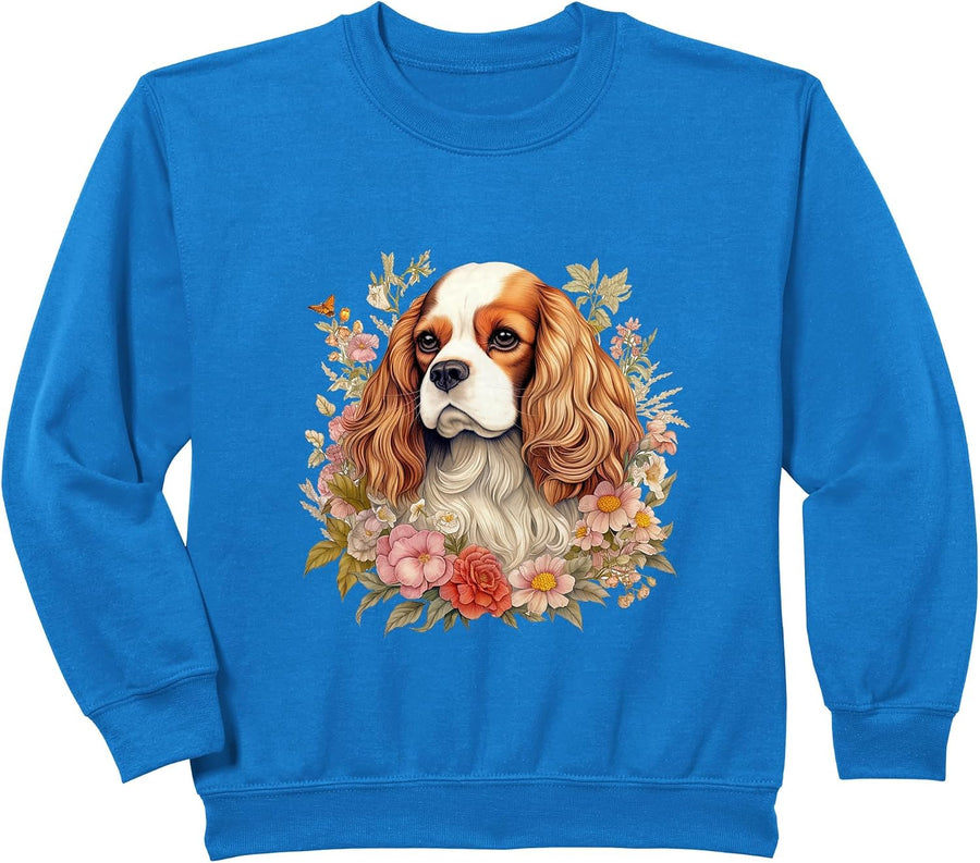 Cavalier King Charles Spaniel Dog with Flowers Floral Sweatshirt - Royal Blue