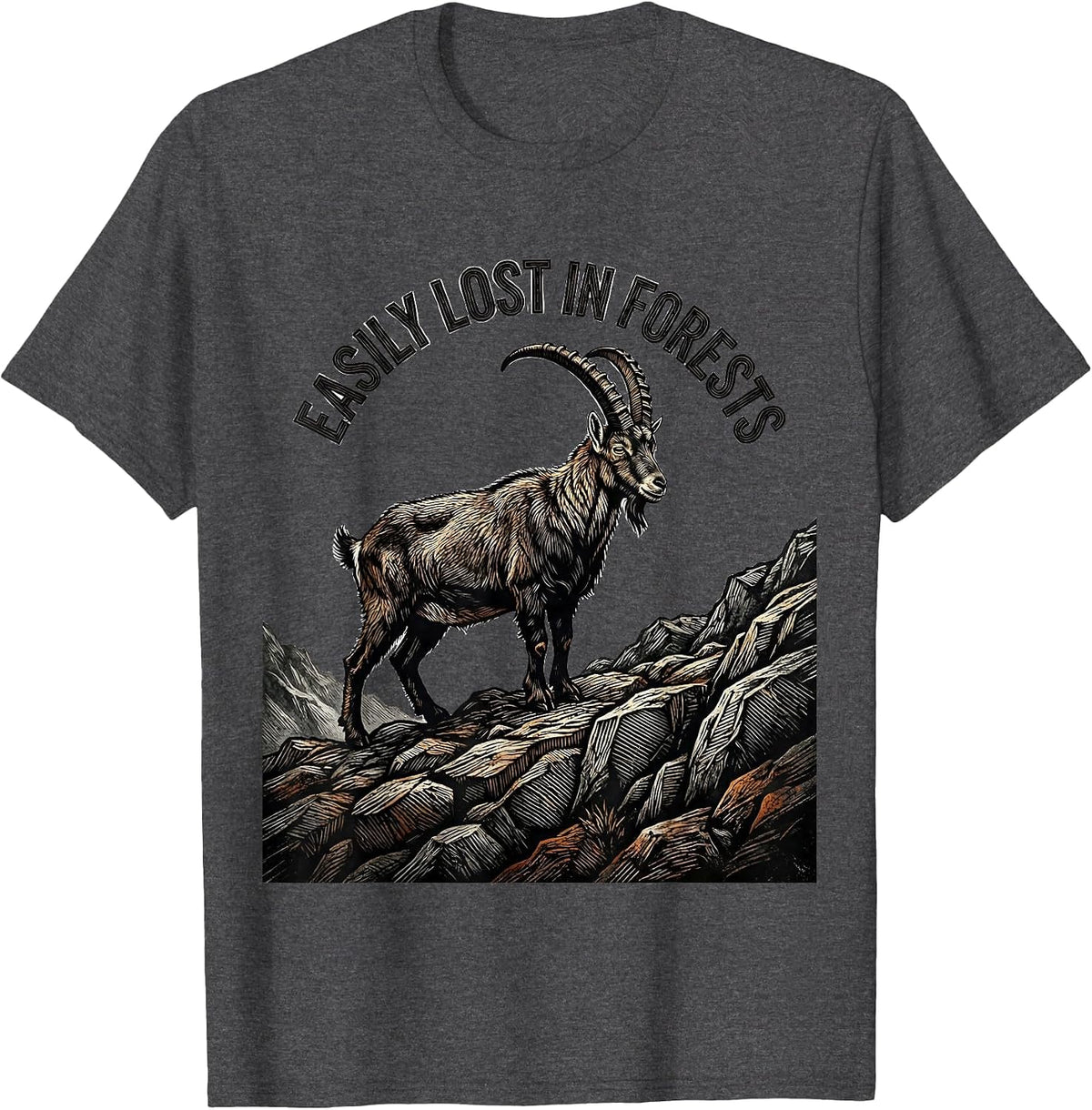 Men's Easily Lost In Forests Woodcut Engraving Forest Wildlife T-Shirt - Dark Heather Grey