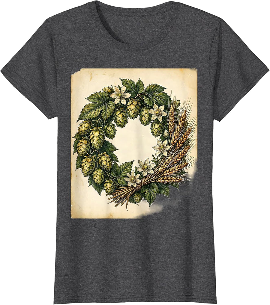 Women's Oktoberfest Hops Edelweiss Wheat Wreath Design T-Shirt - Dark Heather Grey