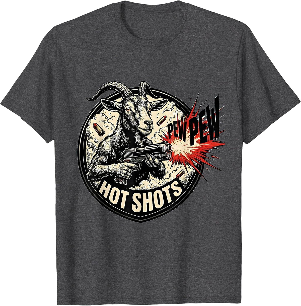 Men's Pew Pew, Hotshots Funny Gun Enthusiast Novelty Humor T-Shirt - Dark Heather Grey