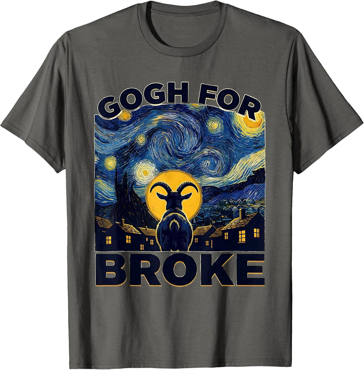 Men's Gogh For Broke Funny Van Gogh Starry Night Animal Parody Art T-Shirt - Asphalt Grey