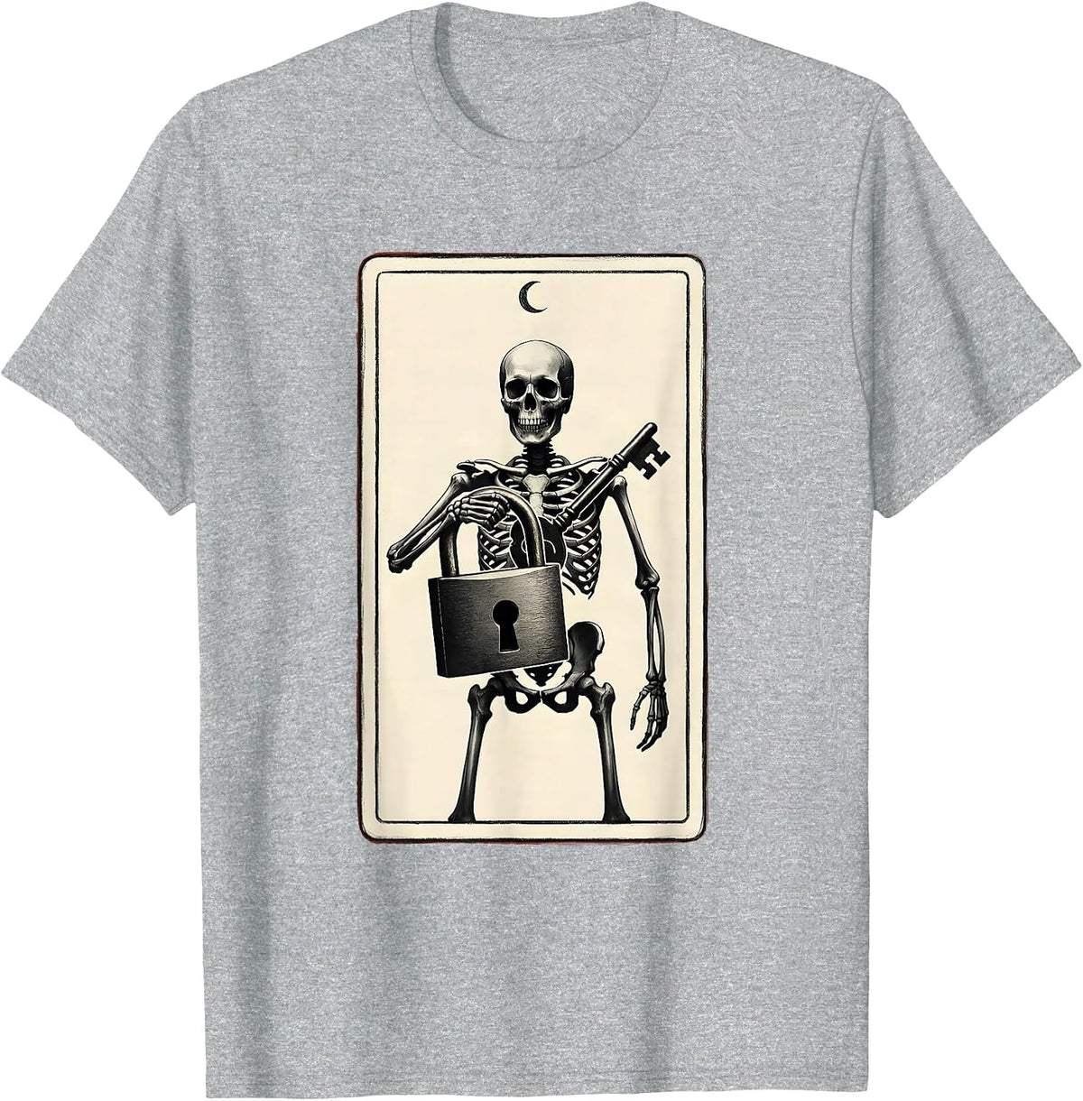 Men's Skeleton Locksmith Tarot Card Minimalist Halloween Humor T-Shirt - Heather Grey