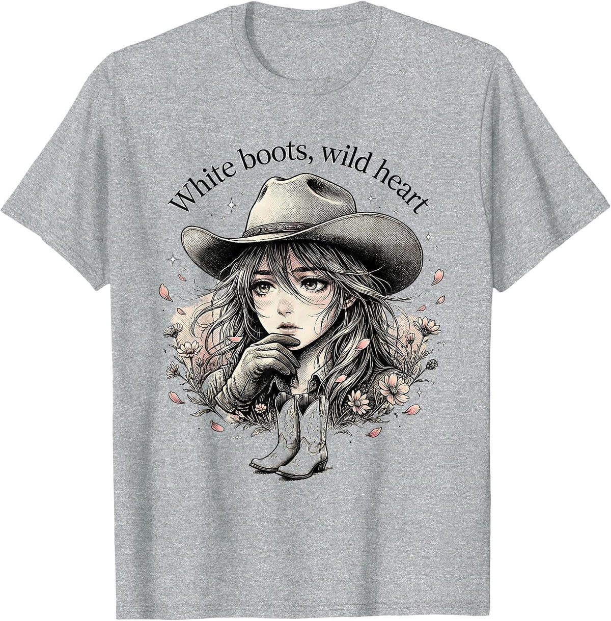 Men's White Boots Wild Heart Cowgirl Design T-Shirt - Heather Grey