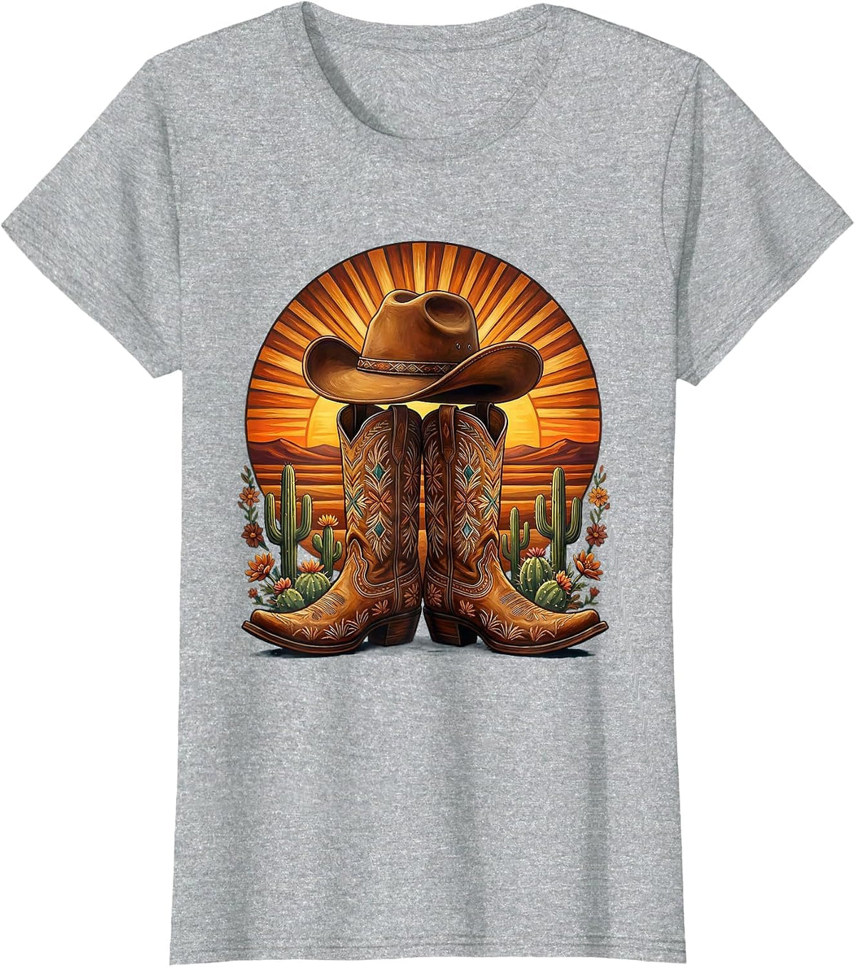 Women's Cowgirl Boots and Hat Desert Sunset Graphic T-Shirt - Heather Grey