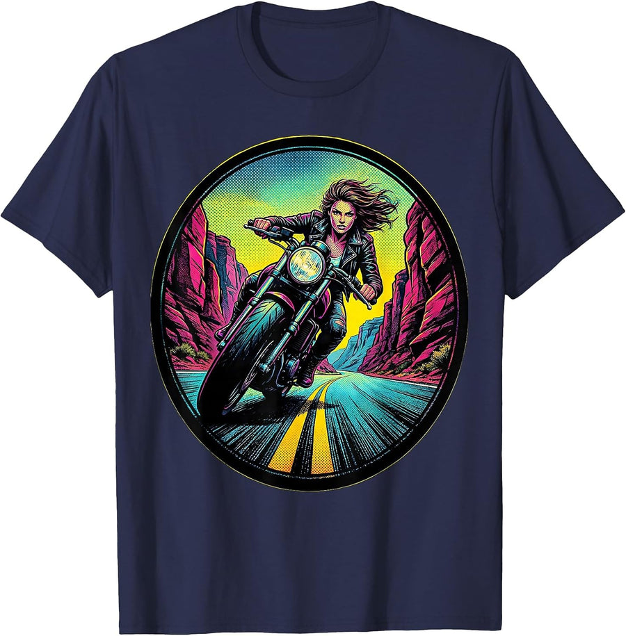 Motorcycle Rider Mountain Canyon Road Graphic T-Shirt - Navy Blue