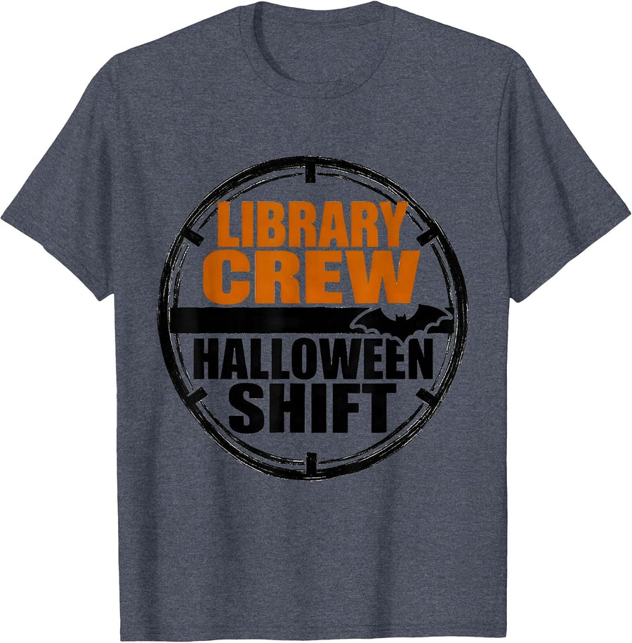 Library Crew Halloween Shift Brutalist Graphic Teacher Humor T-Shirt - Heather Blue