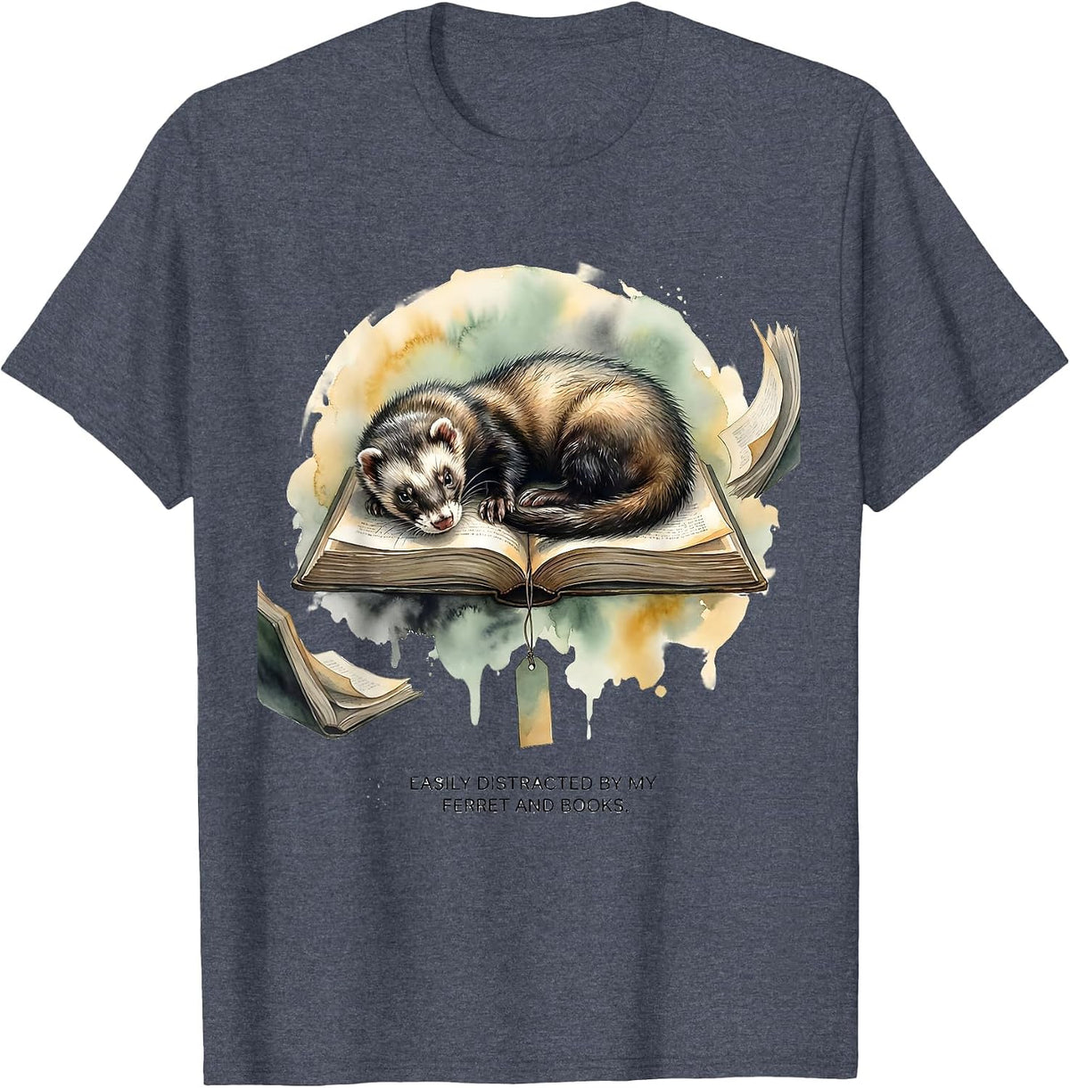 Easily Distracted By My Ferret And Books Funny Book Lover T-Shirt - Heather Blue