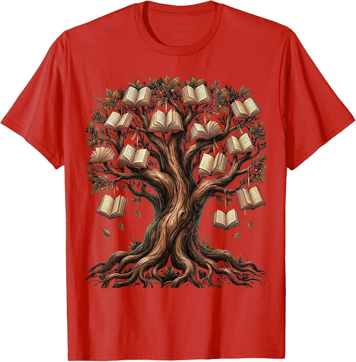 Men's Knowledge Tree Book Lover Graphic Design T-Shirt - Red