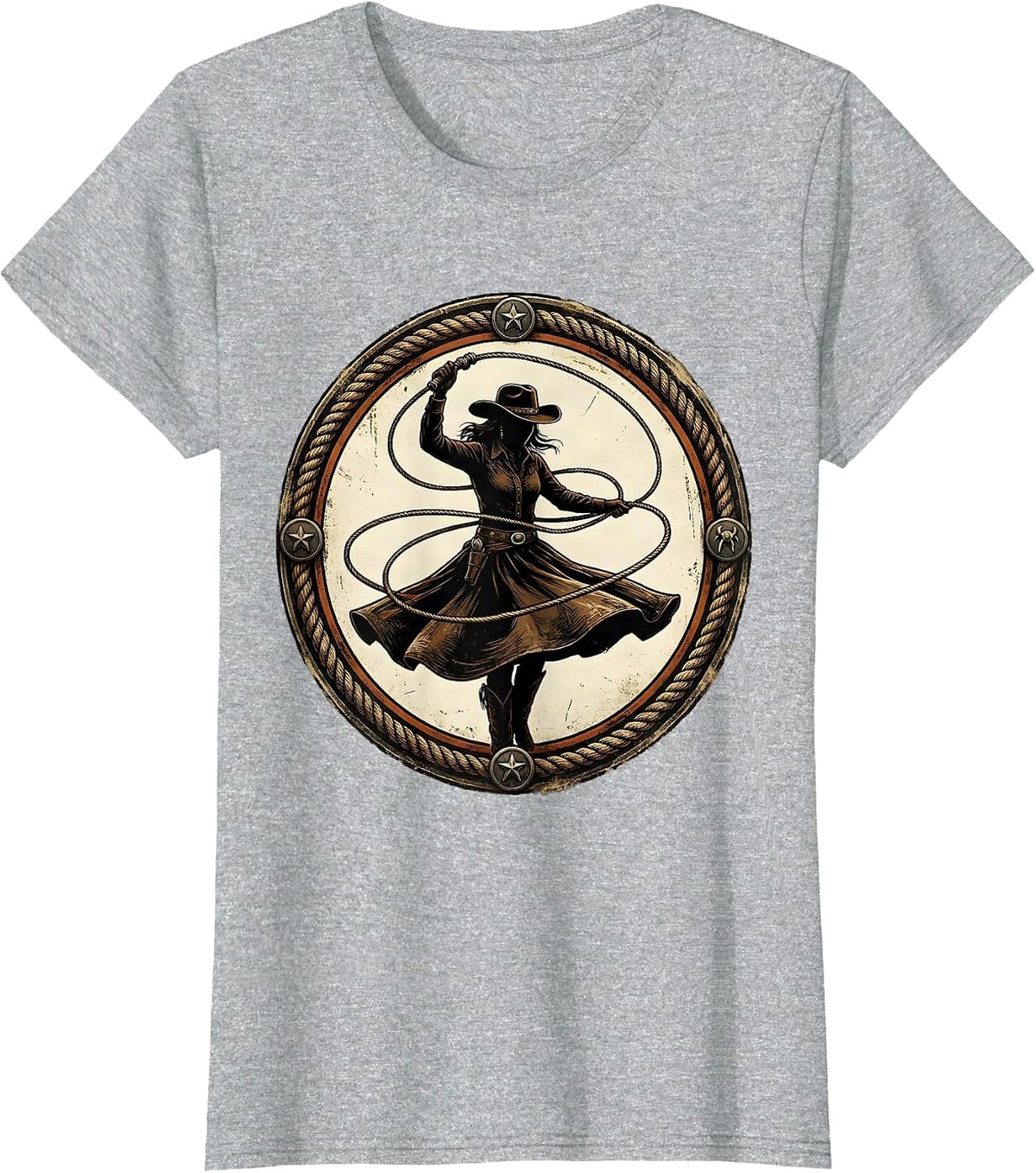 Cowboy Lasso Twirl Wide Brim Hat Western Graphic T-Shirt - Heather Grey