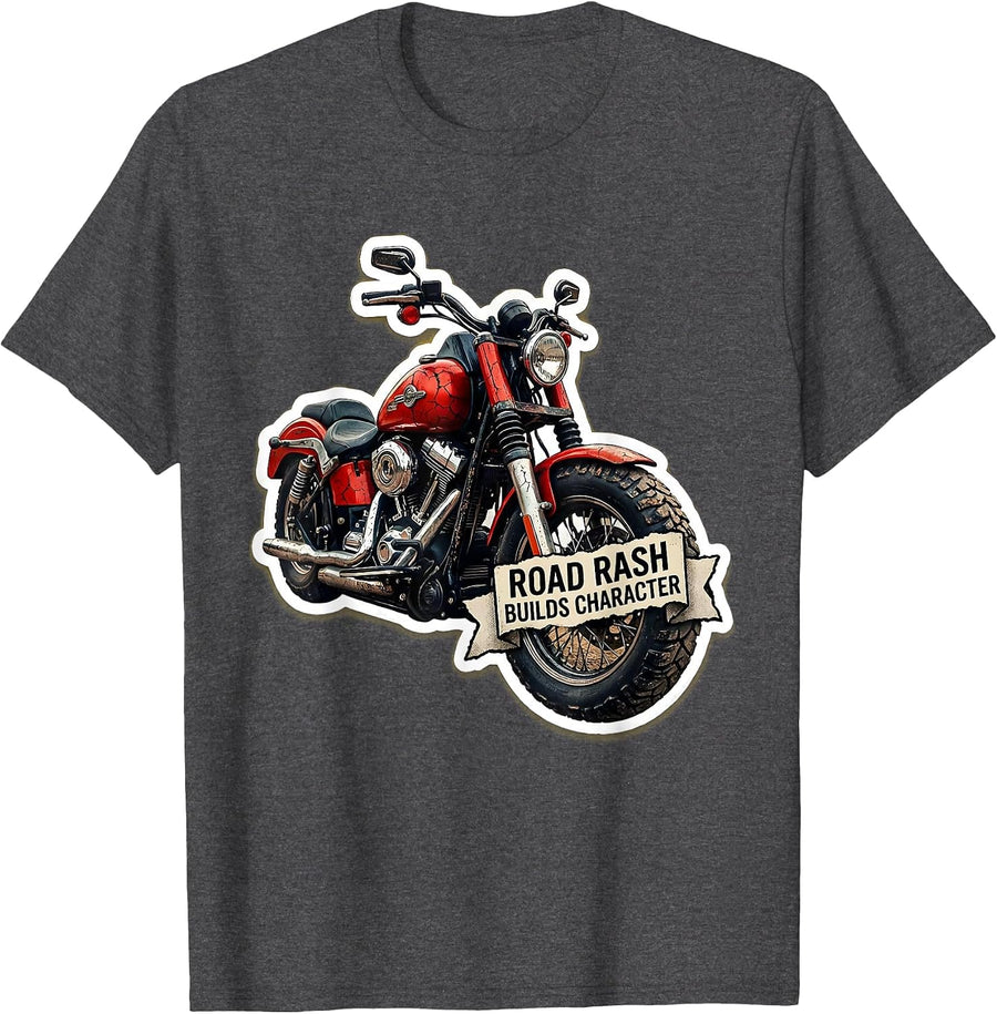 Men's Road Rash Builds Character Motorcycle Design T-Shirt - Dark Heather Grey