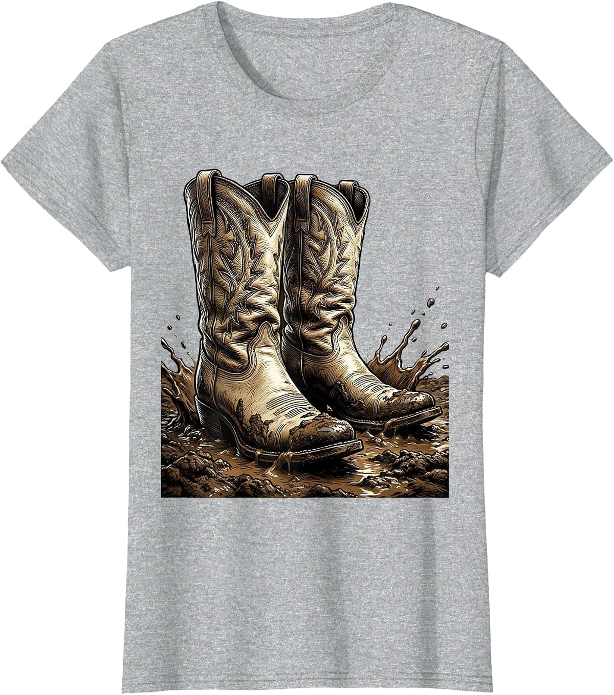 Women's Cowboy Boots in the Mud Western Graphic T-Shirt - Heather Grey
