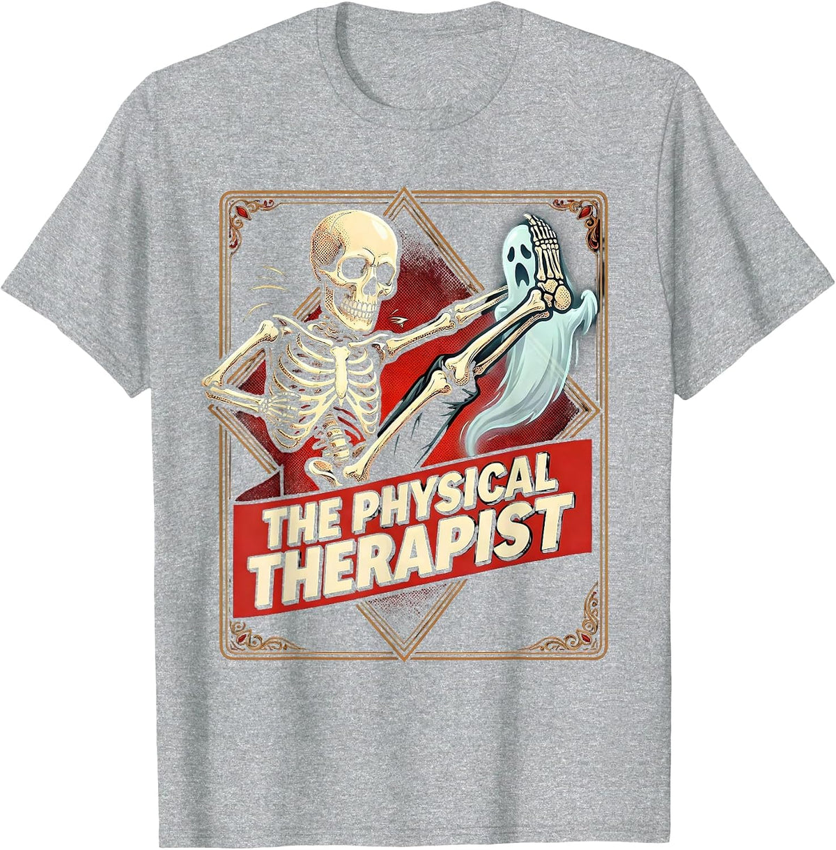 Men's The Physical Therapist Pop Art Tarot Card Skeleton Humor T-Shirt - Heather Grey