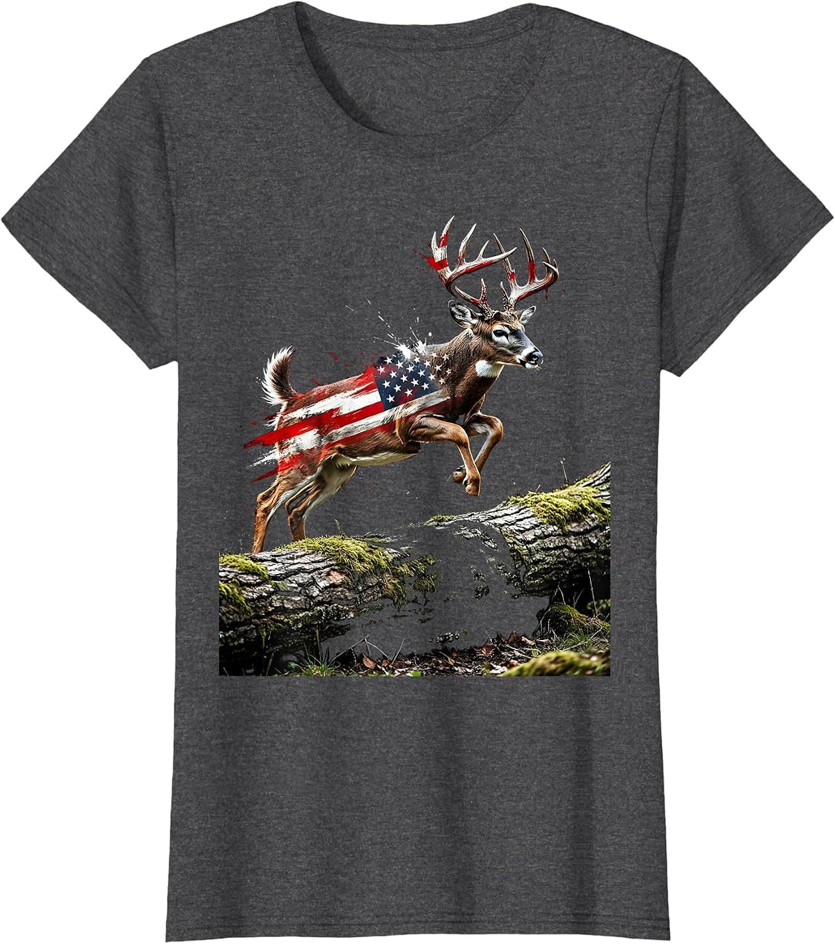 Women's Camo Whitetail Buck Leaping Over Fallen Log T-Shirt - Dark Heather Grey