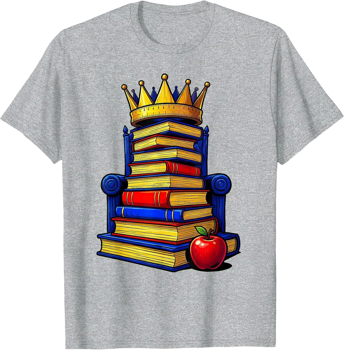 Men's 2nd Grade Teacher Ruler Crown Textbook Throne T-Shirt - Heather Grey