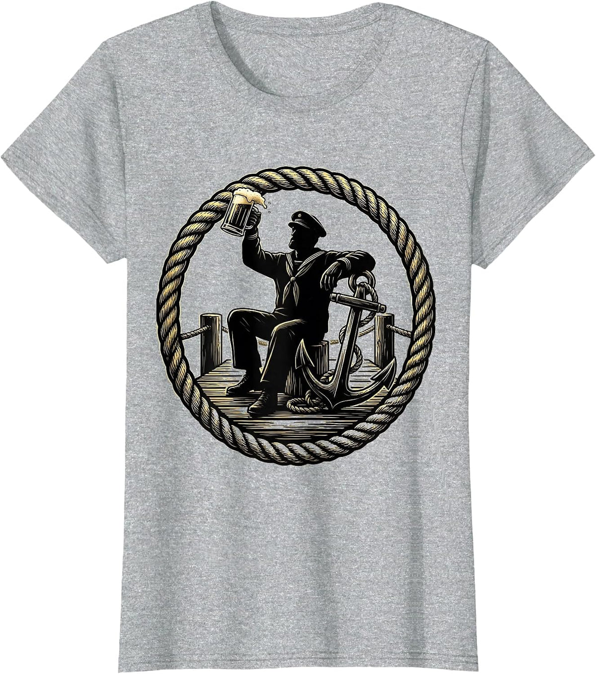 Sailor Anchor Tattoo Beer Drinking on the Dock T-Shirt - Heather Grey