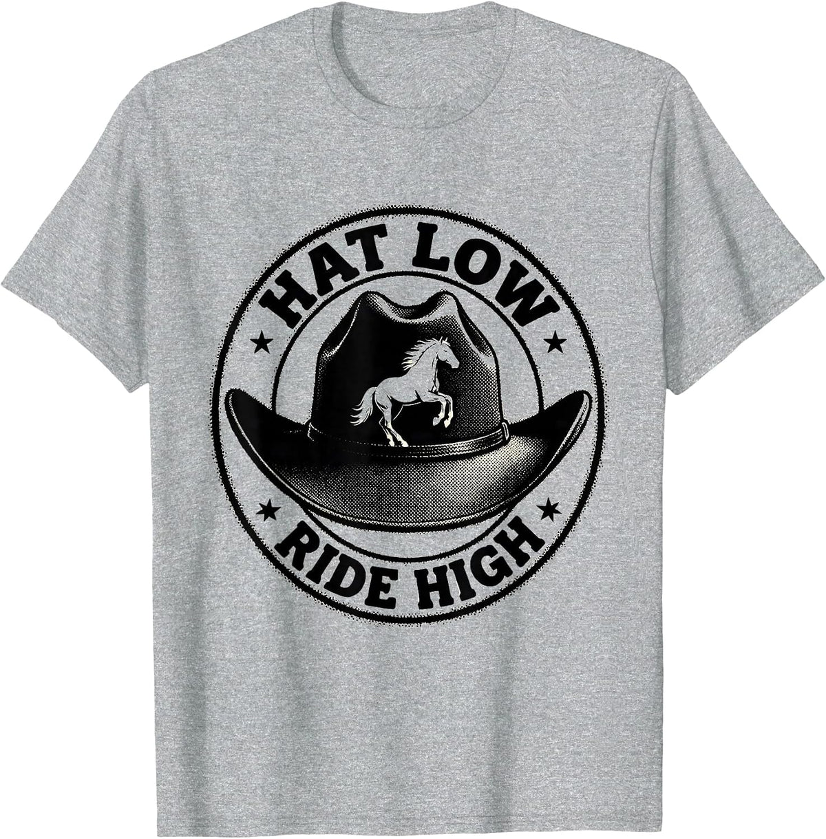 Men's Hat Low Ride High Cowboy Western Design T-Shirt - Heather Grey
