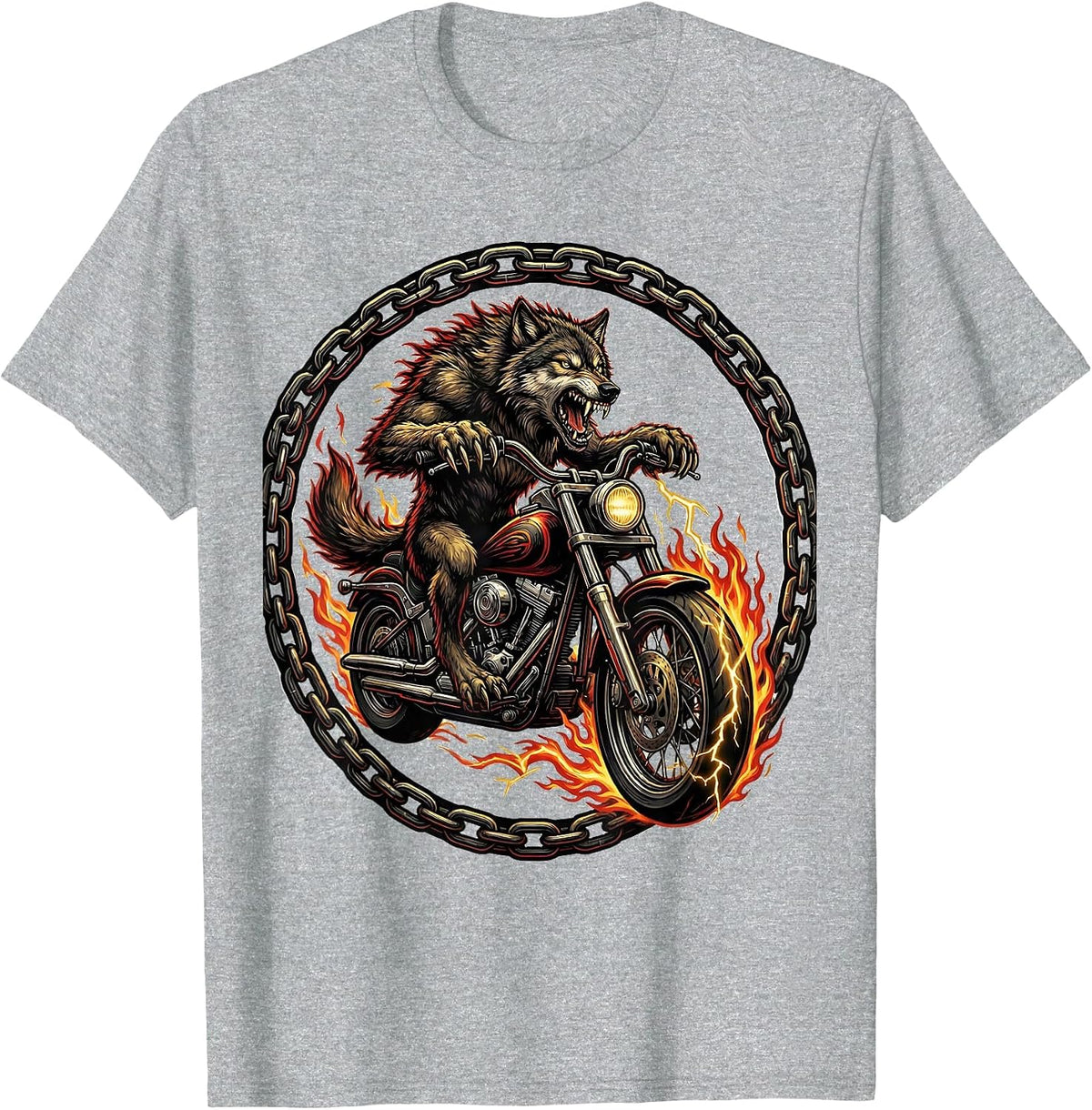 Men's Wolf Riding Chopper Motorcycle Biker Graphic T-Shirt - Heather Grey