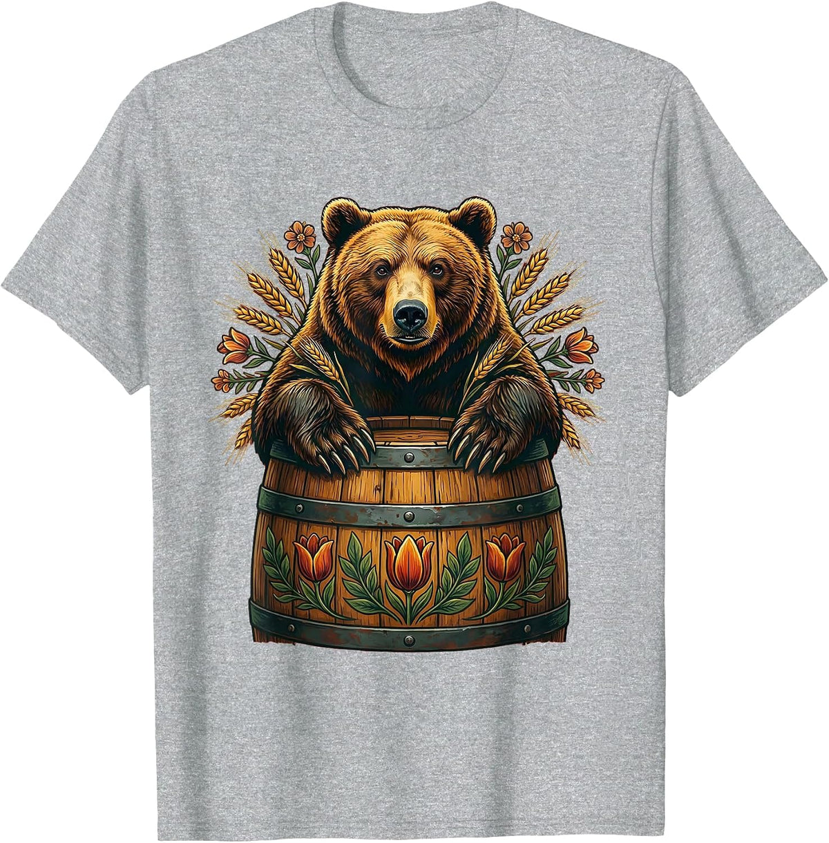 Men's Grizzly Bear Emerging From a Barrel Design T-Shirt - Heather Grey