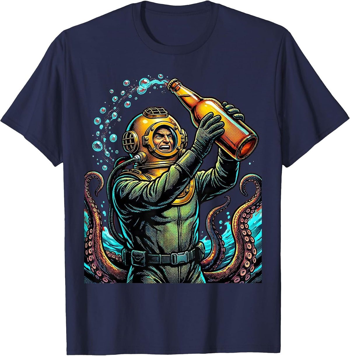 Men's Deep Sea Diver Giant Beer Bottle Illustration T-Shirt - Navy Blue
