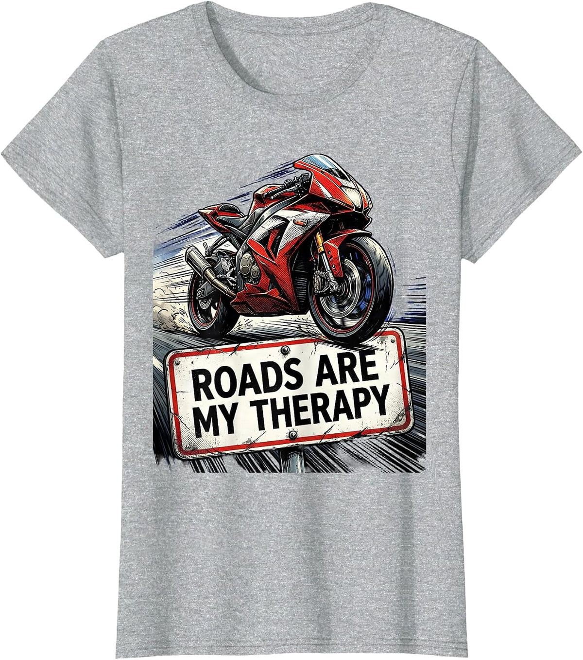 Women's Roads Are My Therapy Motorcycle Design T-Shirt - Heather Grey