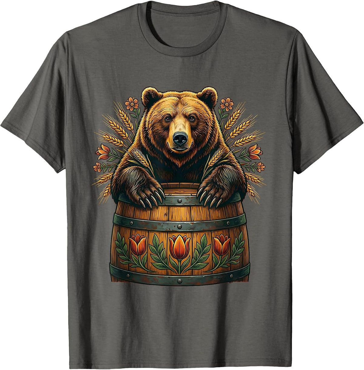 Men's Grizzly Bear Emerging From a Barrel Design T-Shirt - Asphalt Grey