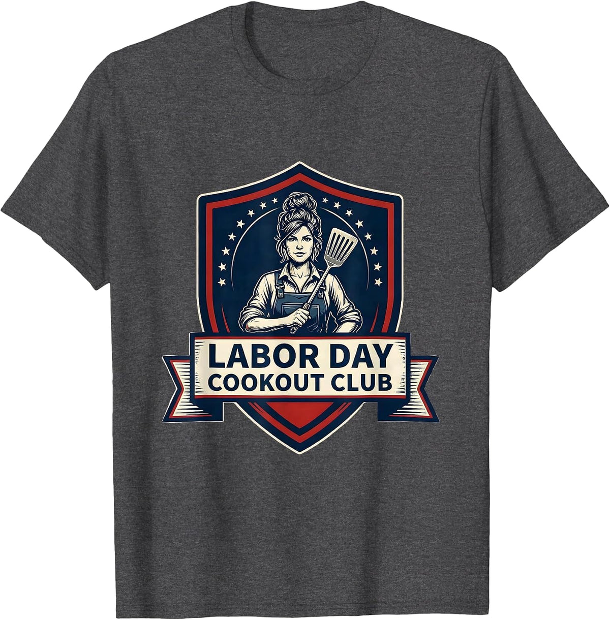 Men's Labor Day Cookout Club Patriotic Messy Bun Woman Holiday T-Shirt - Dark Heather Grey