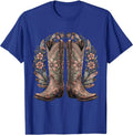 Nashville Cowboy Boots Floral Embroidery Design T-Shirt - Royal Blue