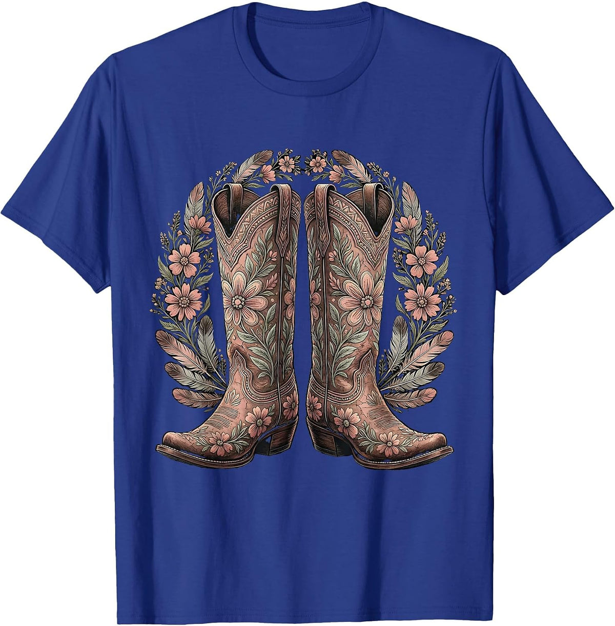 Nashville Cowboy Boots Floral Embroidery Design T-Shirt - Royal Blue