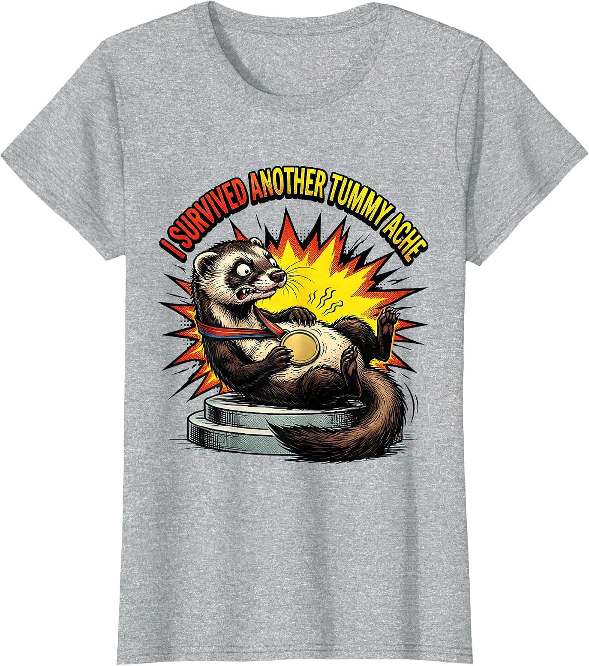 I Survived Another Tummy Ache Funny Ferret Meme Humor T-Shirt, Women, Heather Grey, Small - As Pictured
