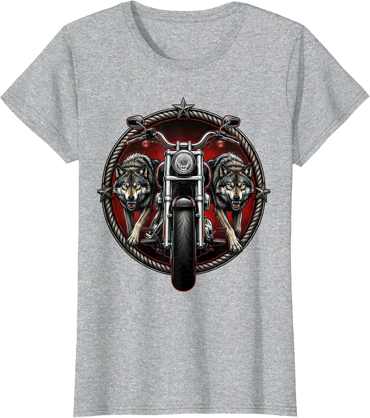 Women's Wolf Pack and Motorcycle Biker Graphic T-Shirt - Heather Grey