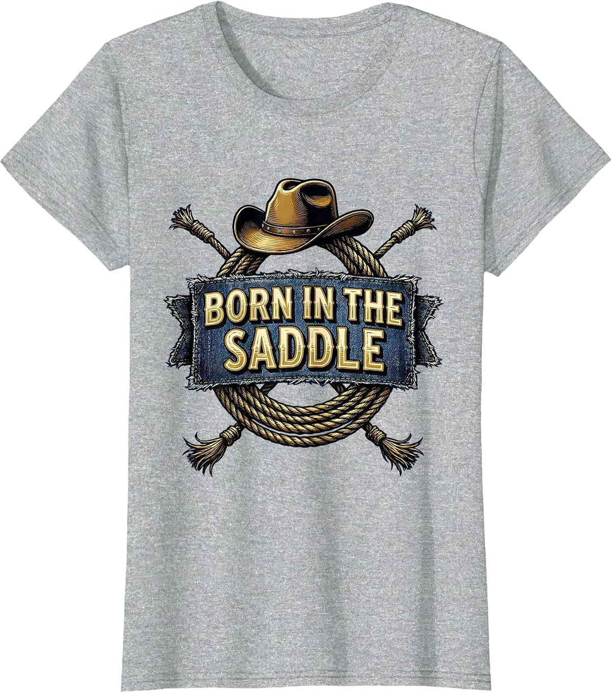 Born in the Saddle Denim Cowgirl Design T-Shirt - Heather Grey