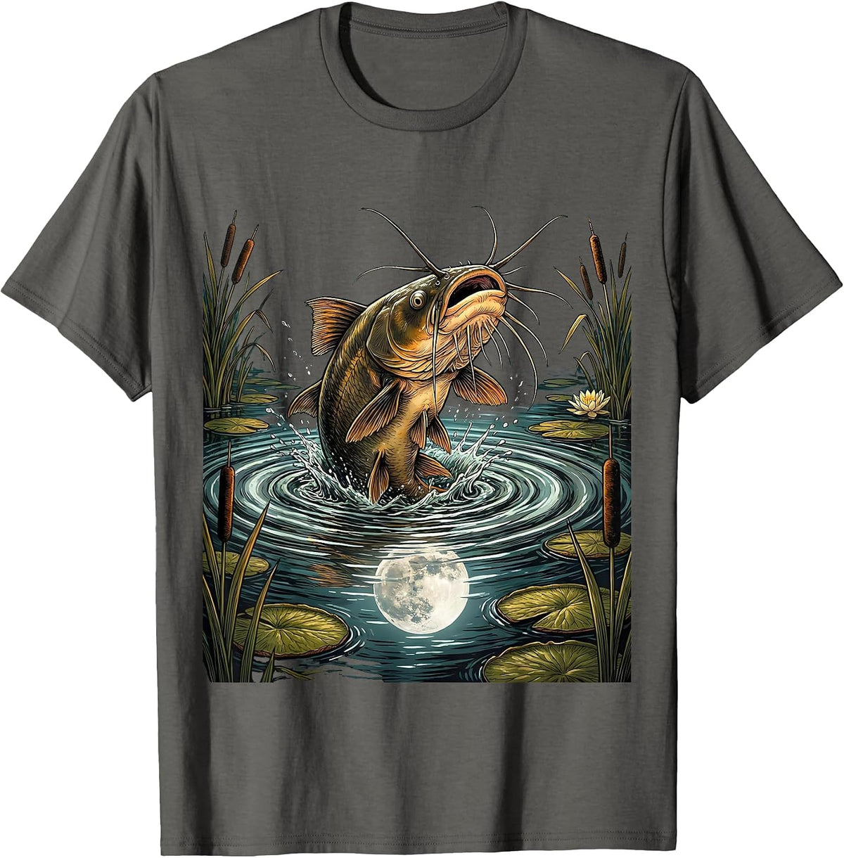 Boys Fishing Catfish Night Scene Graphic T-Shirt - Asphalt Grey