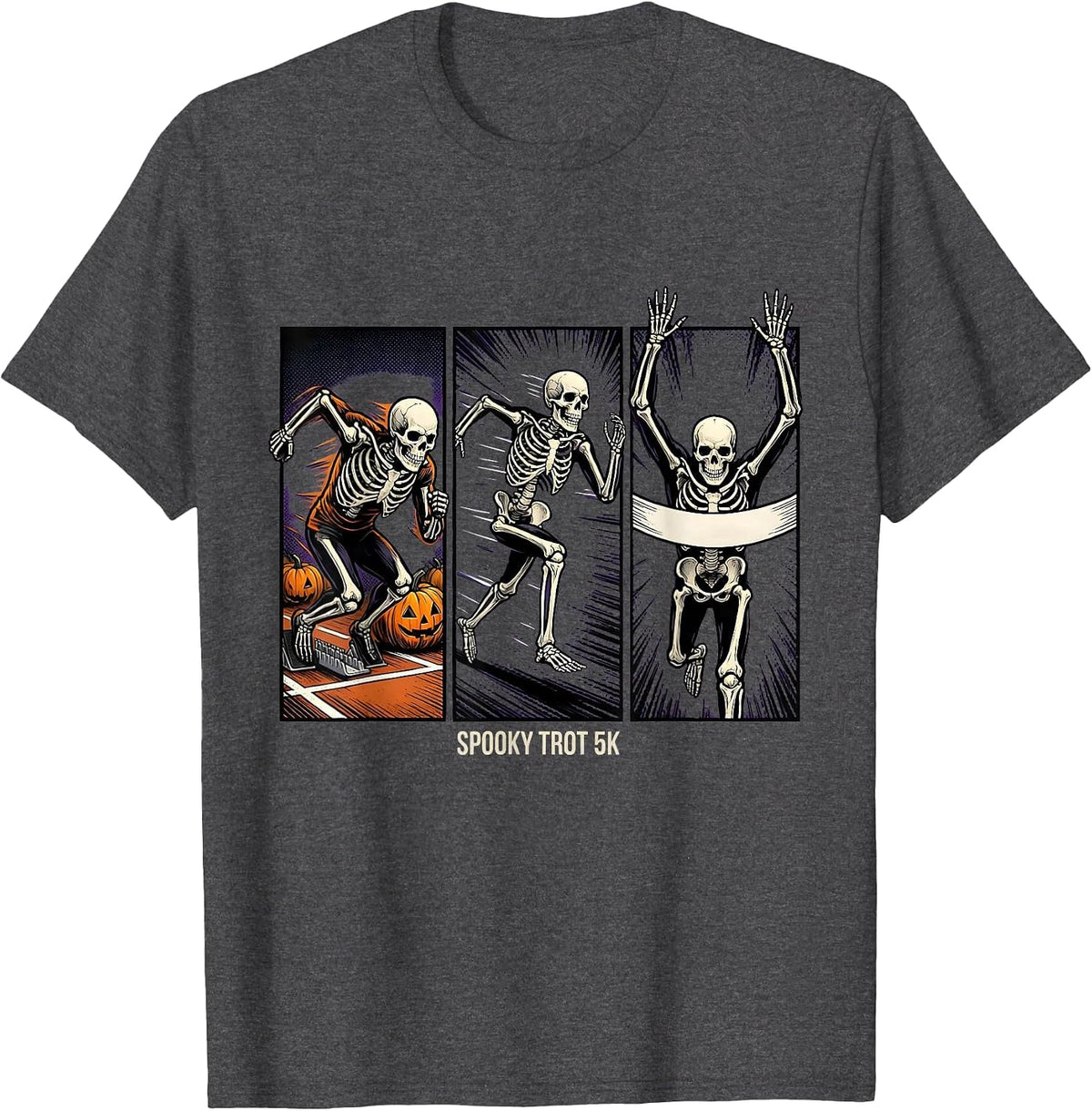 Men's Spooky Trot 5K Comic Book Skeleton Runner Halloween Fun Run T-Shirt - Dark Heather Grey