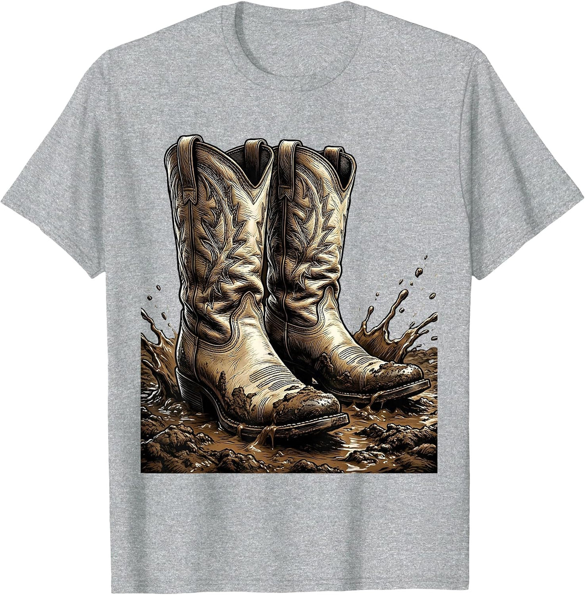 Men's Cowboy Boots in the Mud Western Graphic T-Shirt - Heather Grey