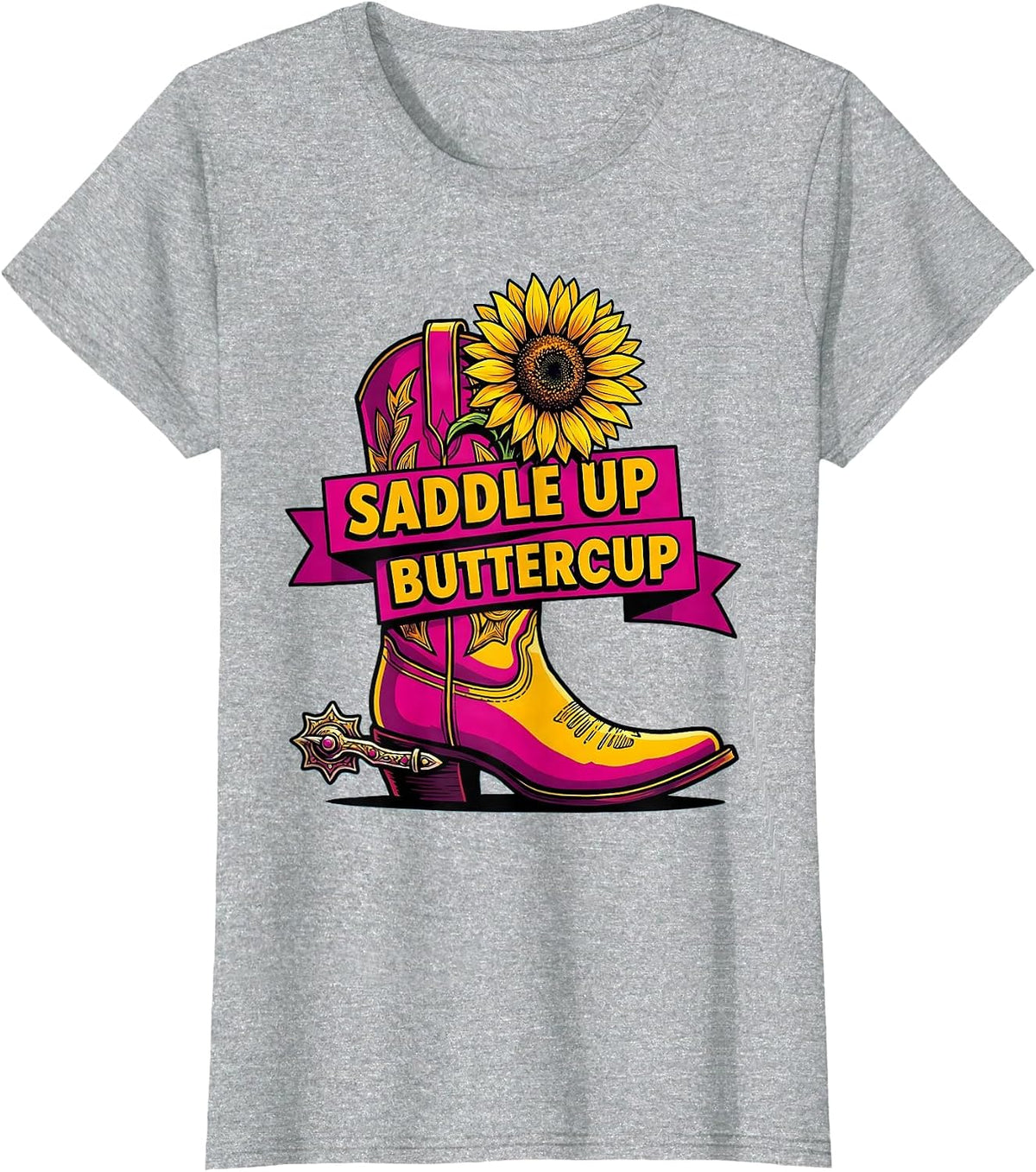 Women's Saddle Up Buttercup Cowgirl Western Design T-Shirt - Heather Grey