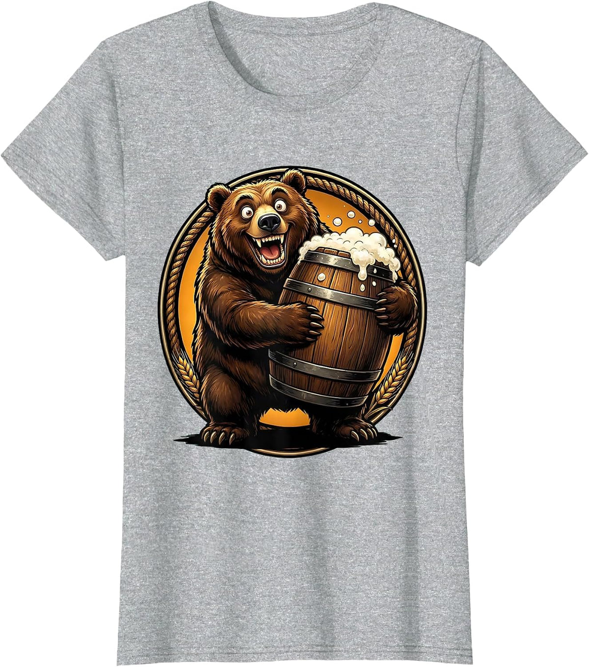 Women's Bear Hugging Giant Ale Barrel Drinking Design T-Shirt - Heather Grey
