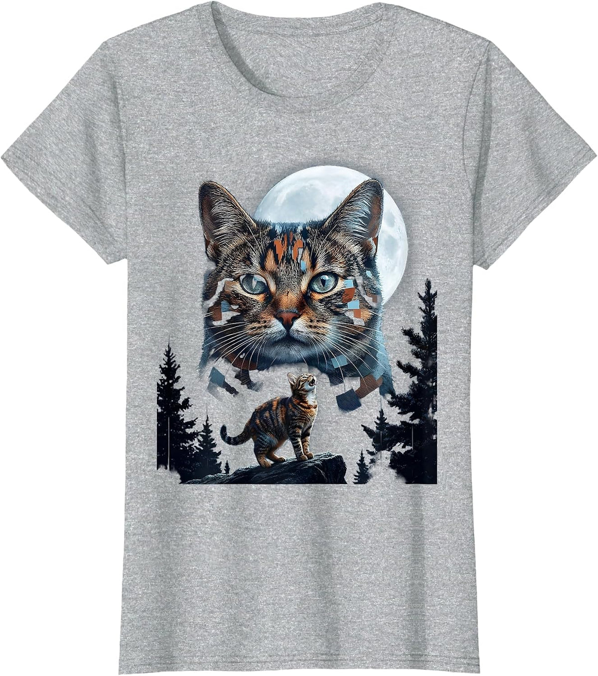 Tortoiseshell Cat Howling at Moon 90's Retro Fantasy T-Shirt - Heather Grey