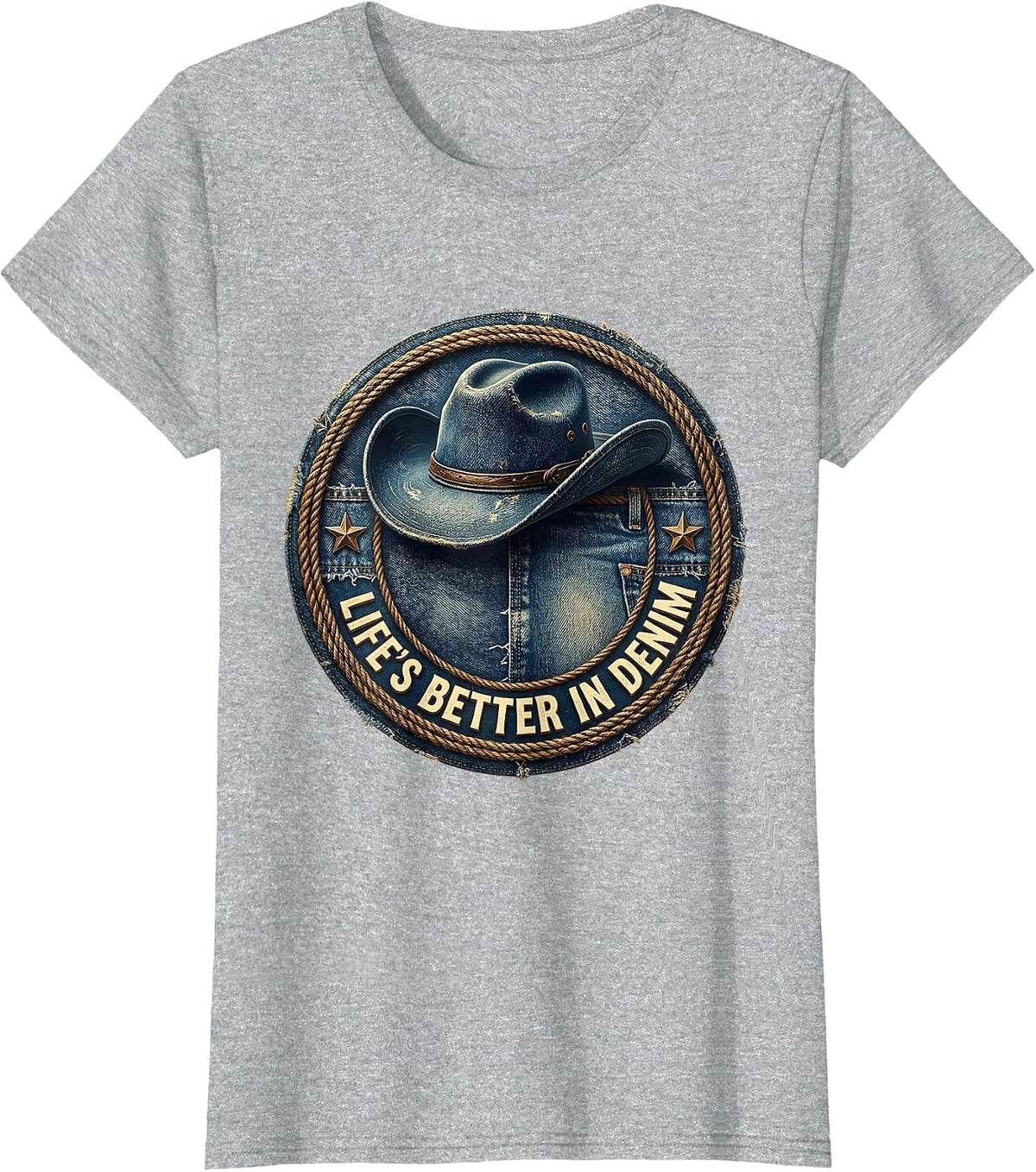 Women's Life's Better In Denim Cowgirl Design T-Shirt - Heather Grey
