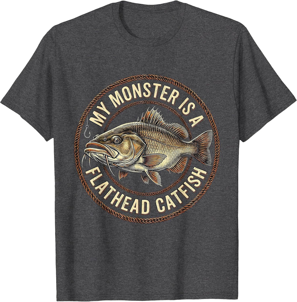 Men's My Monster Is A Flathead Catfish Funny Halloween Fishing T-Shirt - Dark Heather Grey