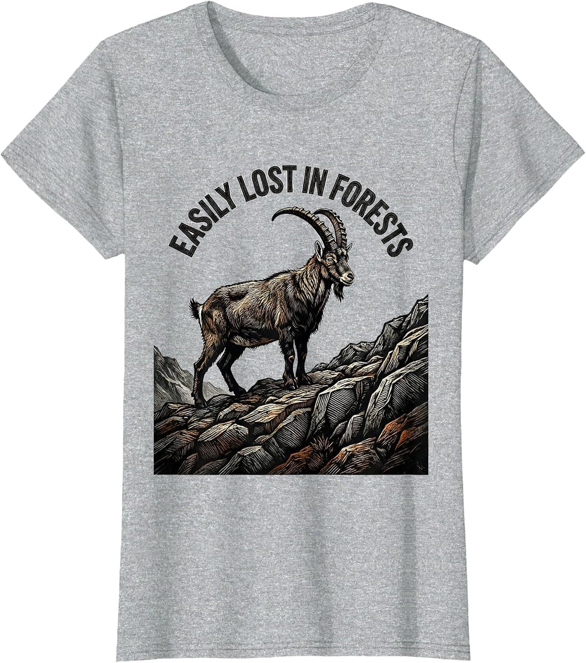 Women's Easily Lost In Forests Woodcut Engraving Forest Wildlife T-Shirt - Heather Grey