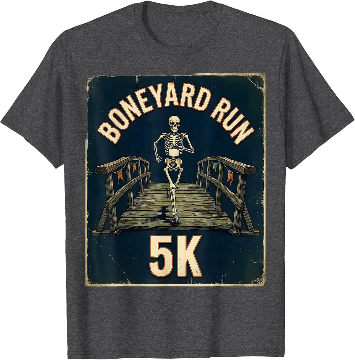 Boneyard Run 5K Vintage Skeleton Runner Halloween Fun Run T-Shirt - Dark Heather Grey