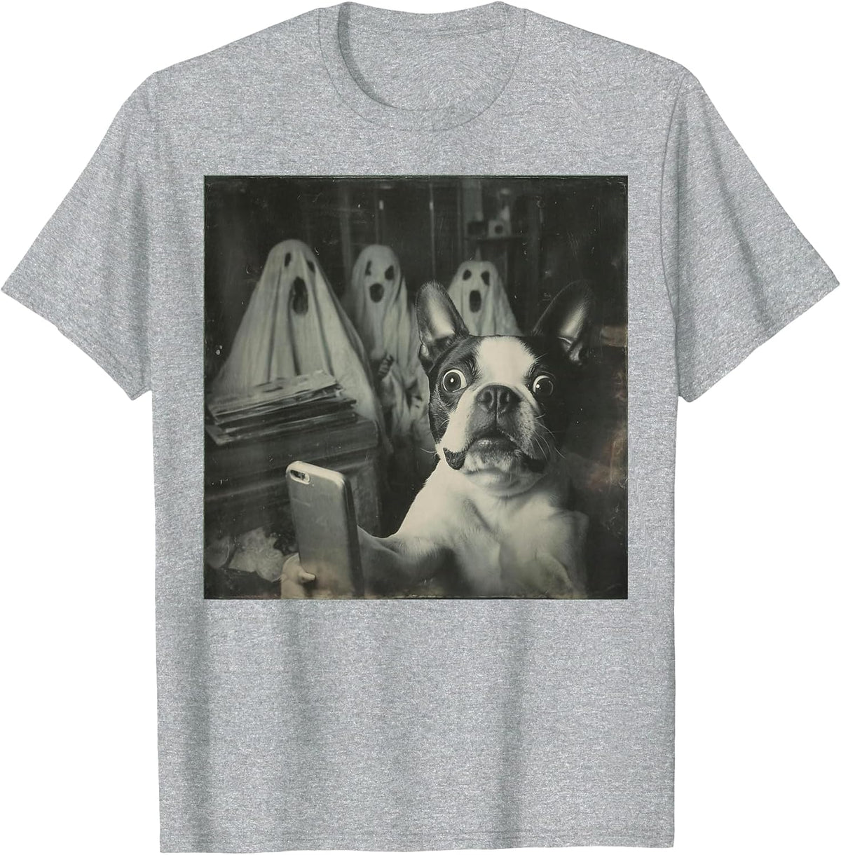 Funny Boston Terrier Selfie with Ghosts, Halloween Dog Lover T-Shirt - Heather Grey