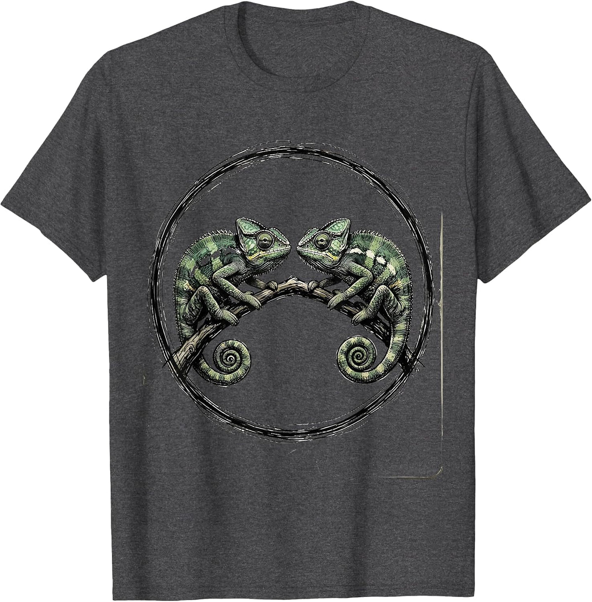 Twin Day Matching Chameleons on Branch Graphic T-Shirt - Dark Heather Grey
