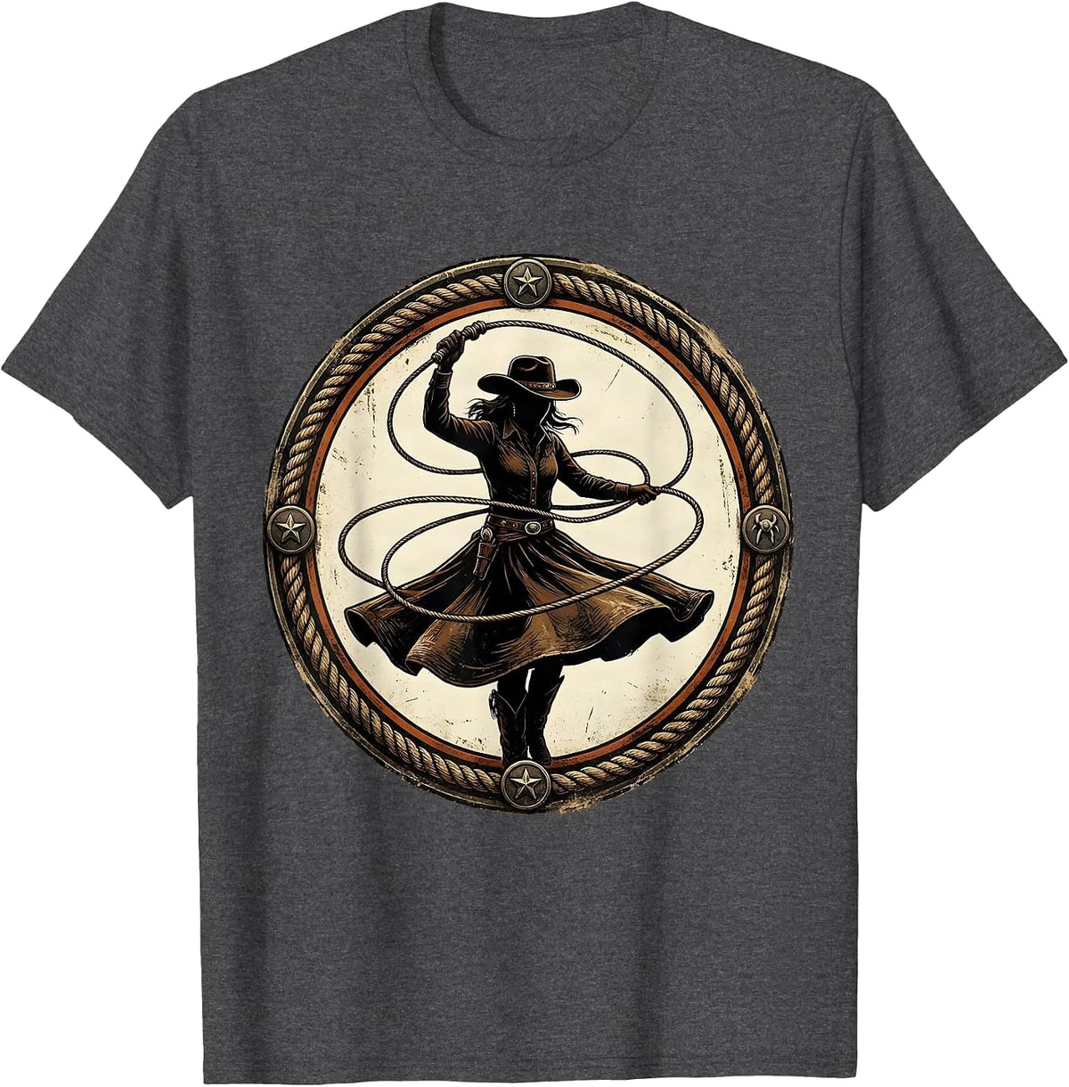 Cowboy Lasso Twirl Wide Brim Hat Western Graphic T-Shirt - Dark Heather Grey