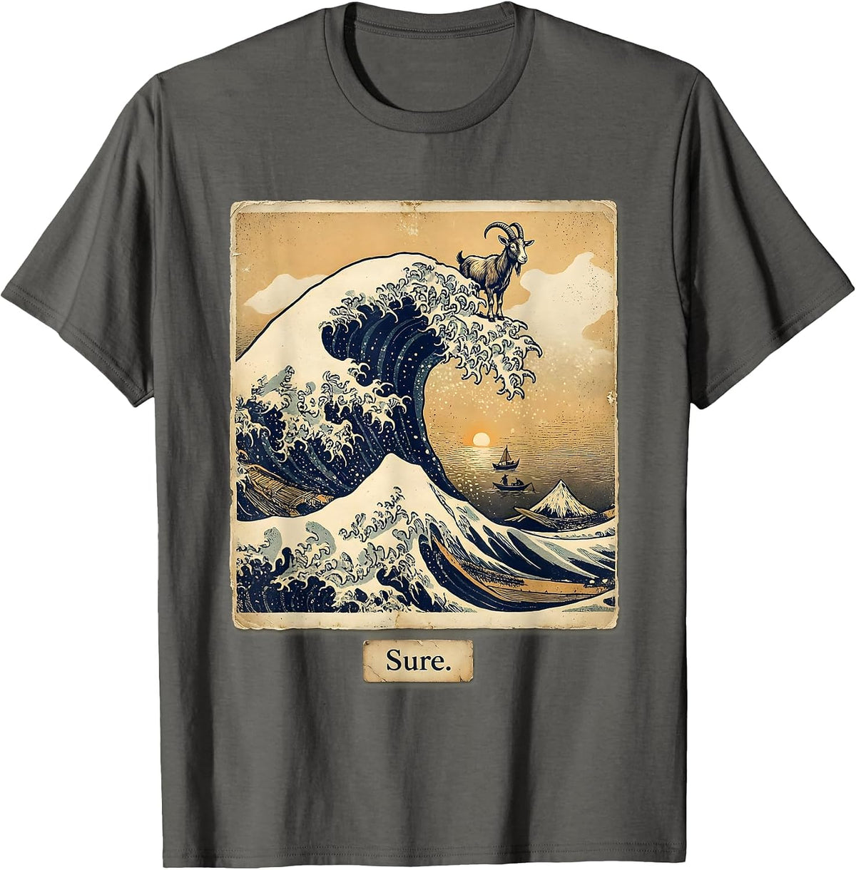 Men's Sure Vintage Japanese Animal Parody Art Great Wave Off T-Shirt - Asphalt Grey
