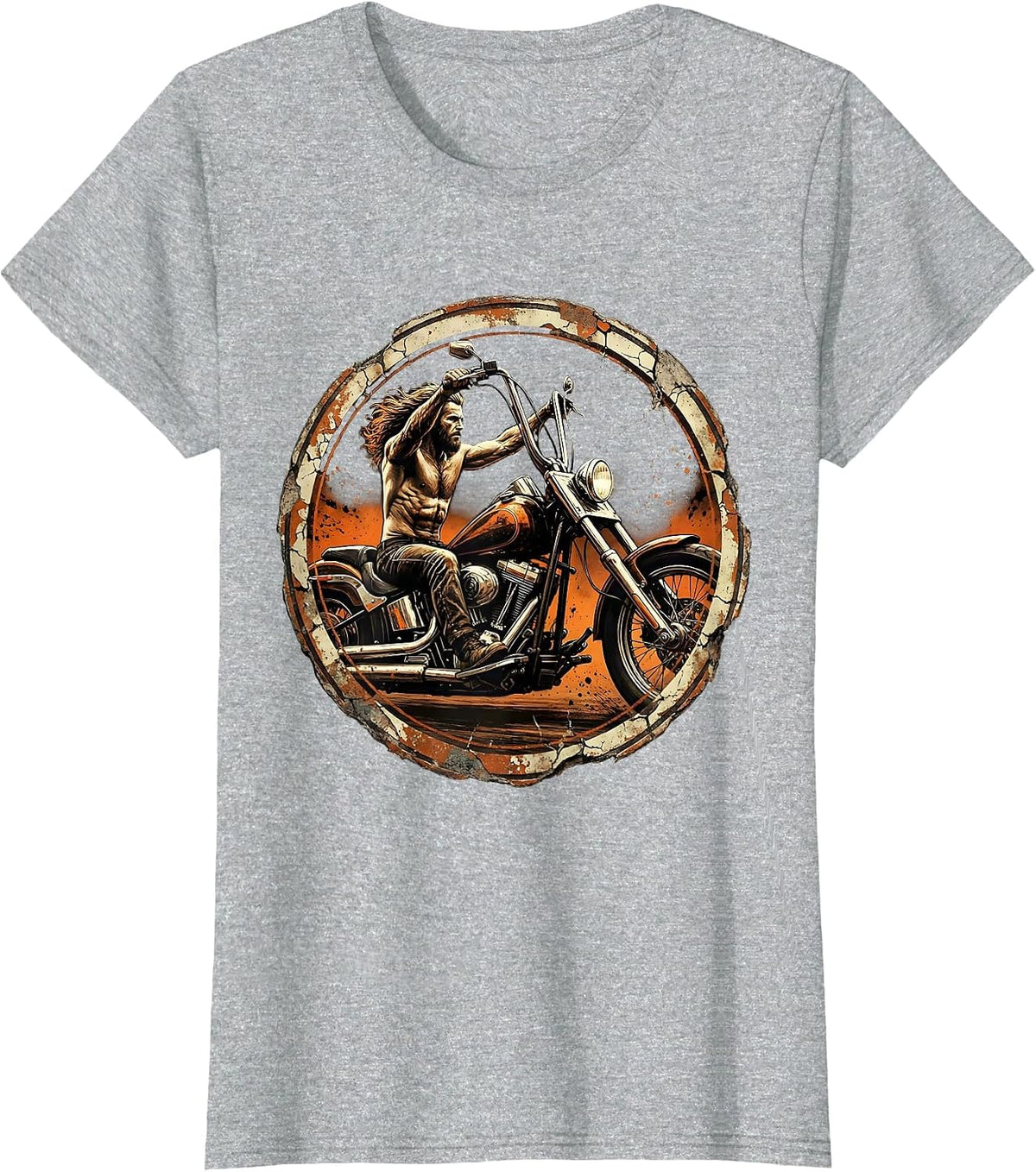 70s Shirtless Biker Chopper Motorcycle Illustration T-Shirt - Heather Grey