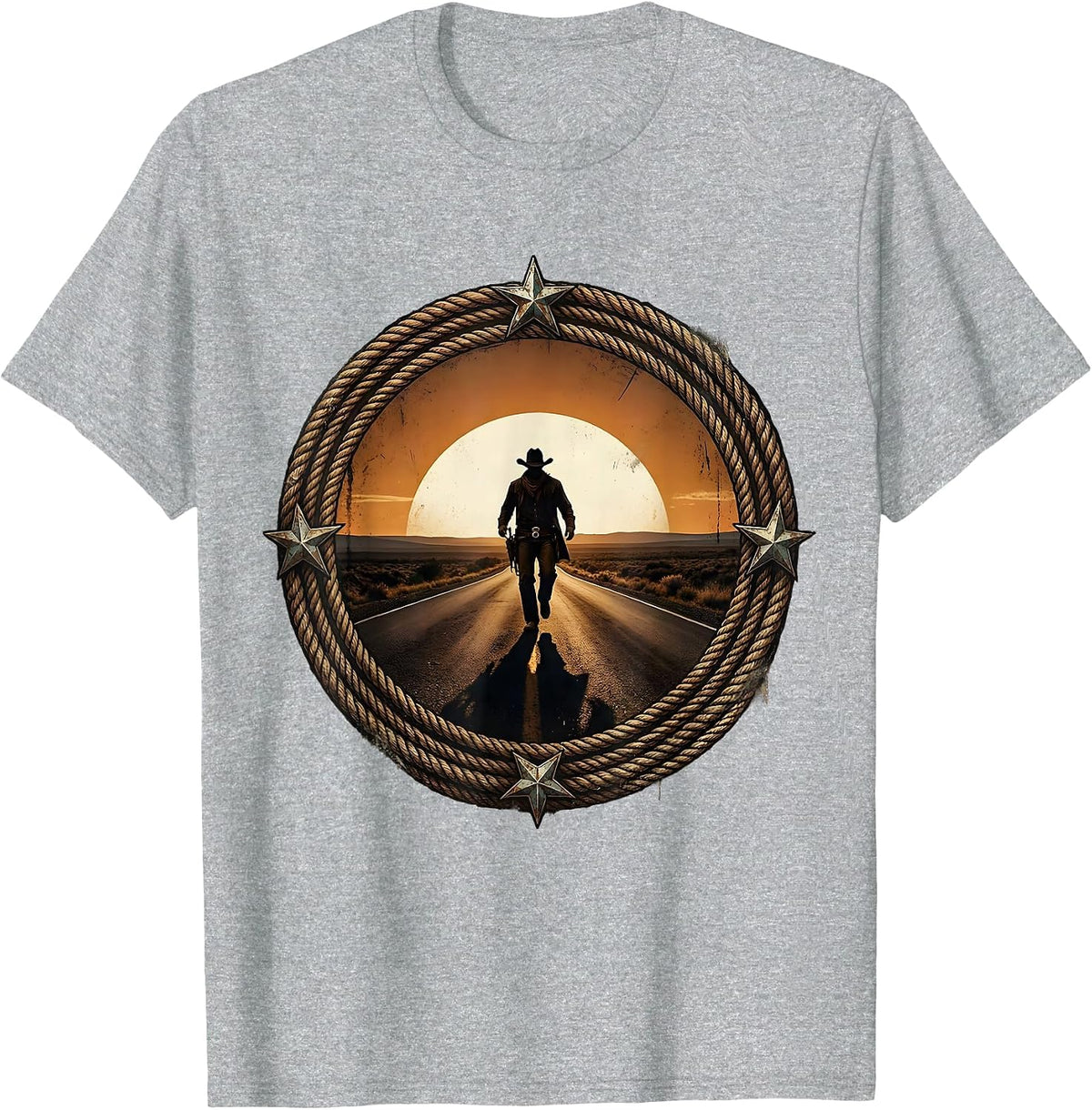Men's Lone Cowboy Striding at Dusk Western Design T-Shirt - Heather Grey