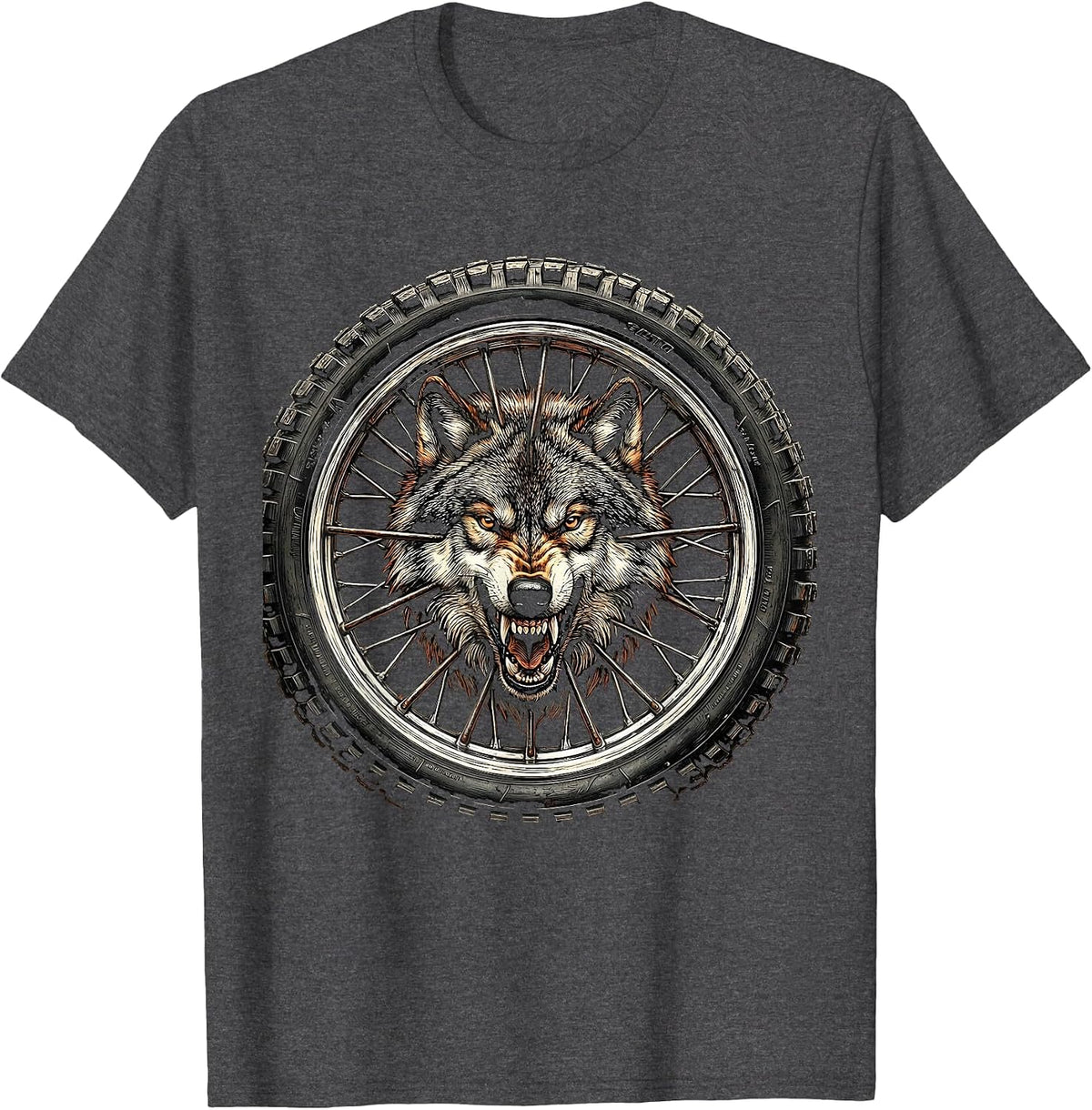 Men's Wolf Head Motorcycle Wheel Biker Graphic T-Shirt - Dark Heather Grey